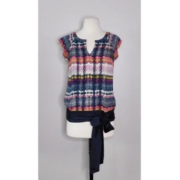 Anthropologie ODILLE Silk Ruffle Pleated Print Blouse Top Banded Hem Size 0 - Picture 3 of 12